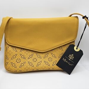 Ellie Perforated Mustard Yellow Crossbody Bag Vegan Leather Adjustable Moda Luxe